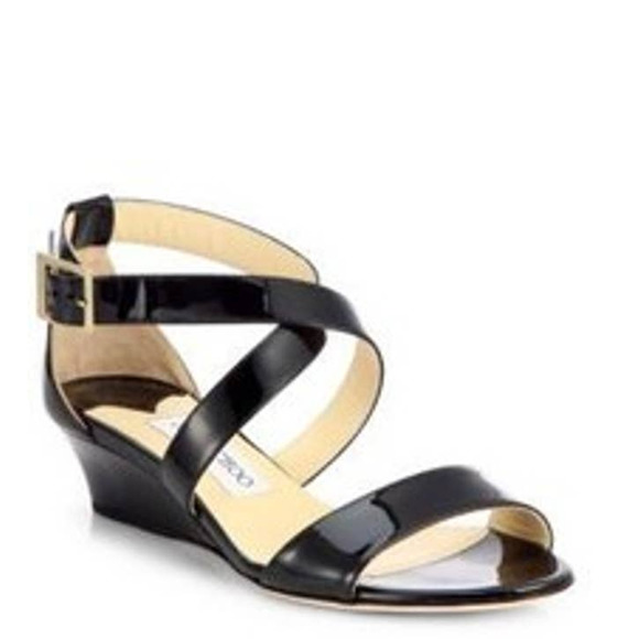 Jimmy Choo Shoes - Jimmy Choo Chiara Black Patent Leather Wedge Sandals Criss Cross Ankle Strap
